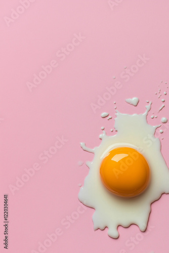 melting egg with the yolk and white artistically spreading against a pastel background. Styled in a minimalist and elegant fashion with vivid, refined colors, this image exudes high-end aesthetic appe photo