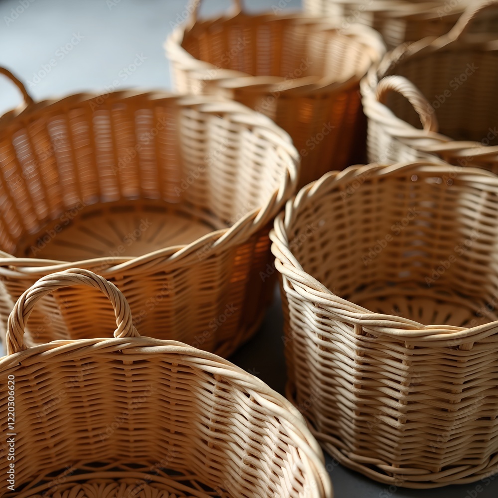 Close-up of several light brown wicker baskets with handles. The baskets are arranged together, showcasing their texture and craftsmanship. Close-up of several light brown wicker baskets with handles. The baskets are arranged together, showcasing their texture and craftsmanship.