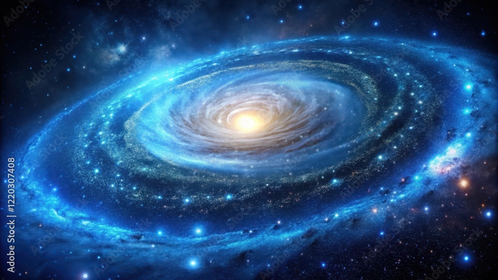 Swirling blue spiral galaxy with vibrant stars and cosmic dust particles floating in the vastness of space, cosmic dust, nebula Swirling blue spiral galaxy with vibrant stars and cosmic dust particles floating in the vastness of space, cosmic dust, nebula