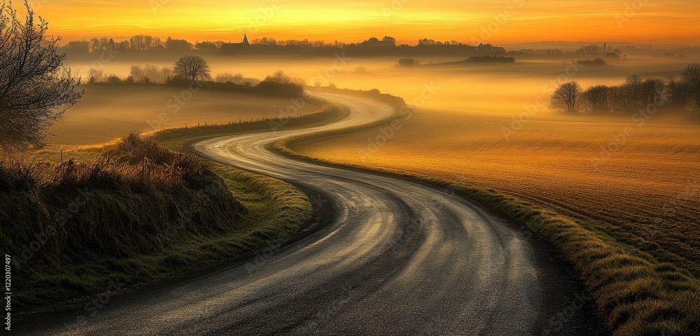 Winding road crossing a landscape covered in early morning fog, sunrise casting a golden hue over the fields, creating a peaceful and surreal scene. Winding road crossing a landscape covered in early morning fog, sunrise casting a golden hue over the fields, creating a peaceful and surreal scene.