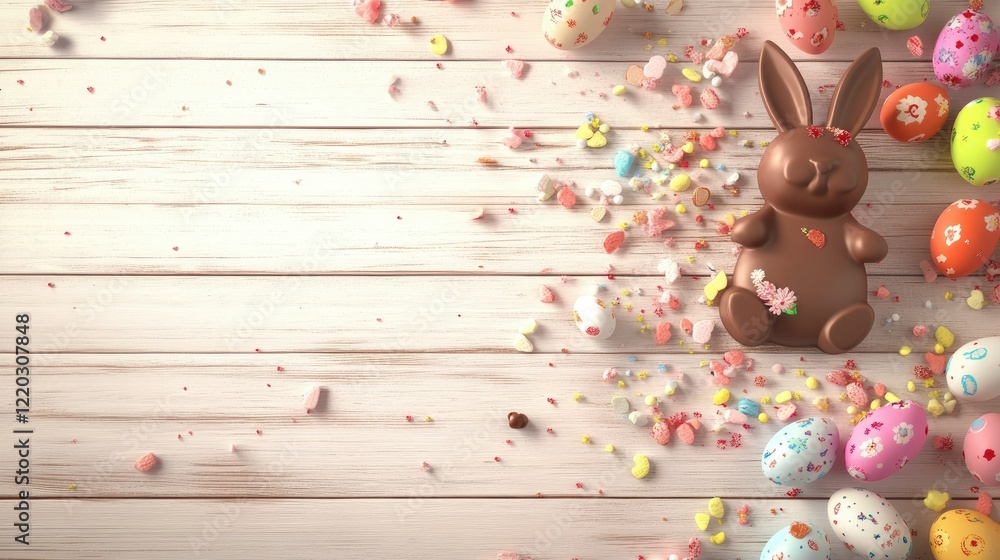 A cheerful Easter scene with chocolate bunny, colorful eggs, and scattered candies on a light wooden background with holiday accents. A cheerful Easter scene with chocolate bunny, colorful eggs, and scattered candies on a light wooden background with holiday accents.