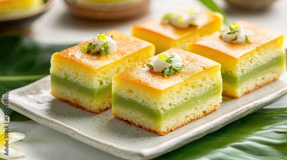 A close-up of fluffy steamed pandan bread slices with pandan custard, placed on a white table with green pandan leaf garnish. A close-up of fluffy steamed pandan bread slices with pandan custard, placed on a white table with green pandan leaf garnish.
