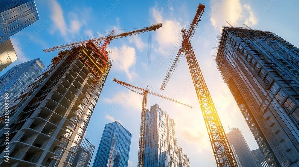 Large construction site with busy tower cranes at high rise building Large construction site with busy tower cranes at high rise building