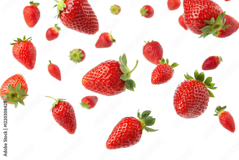 Falling red strawberries flying isolated on PNG cut out background. Falling red strawberries flying isolated on PNG cut out background.