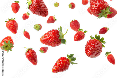 Falling red strawberries flying isolated on PNG cut out background. 