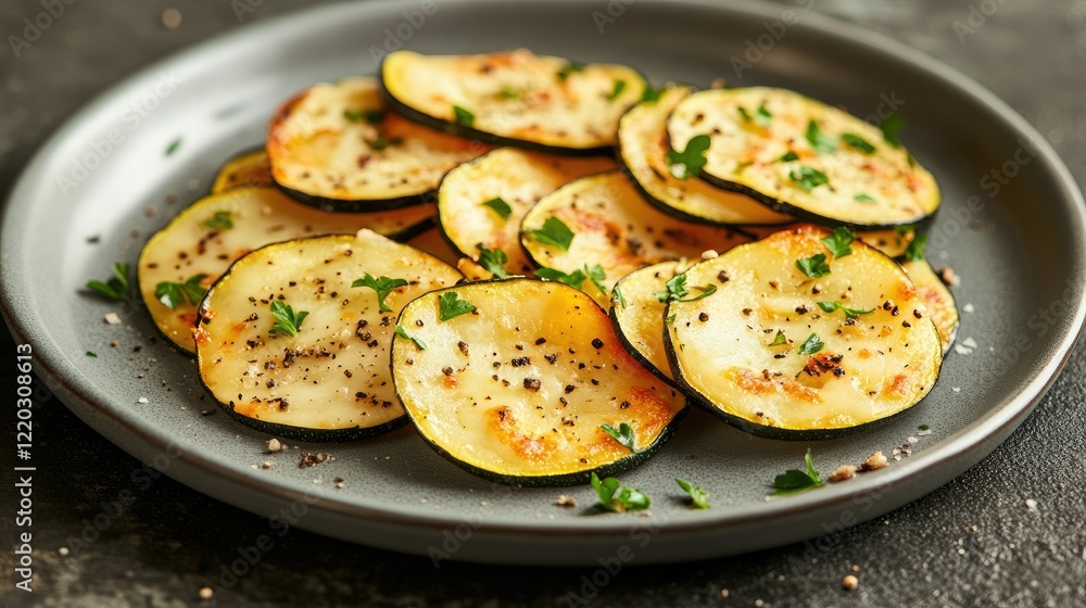 A modern food presentation of baked zucchini with cheese and herbs, served on a gray plate with subtle rustic textures in the background. A modern food presentation of baked zucchini with cheese and herbs, served on a gray plate with subtle rustic textures in the background.