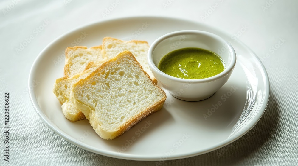A minimalist presentation of sliced steamed pandan bread with a bowl of pandan custard, placed on a simple white plate with soft shadows. A minimalist presentation of sliced steamed pandan bread with a bowl of pandan custard, placed on a simple white plate with soft shadows.