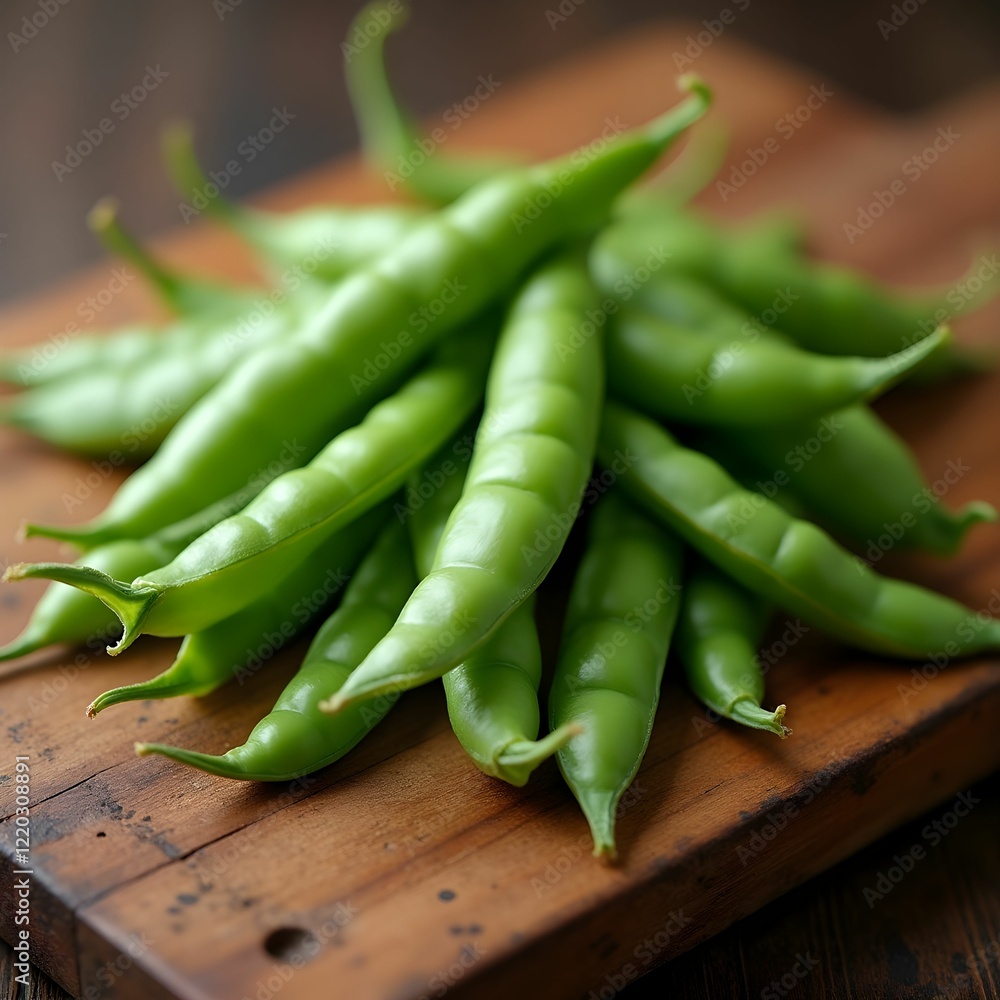 Fresh Snap Peas on a Rustic Wooden Cutting Board Fresh Snap Peas on a Rustic Wooden Cutting Board