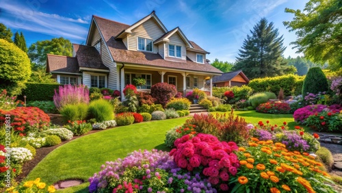 A beautiful house with vibrant flowers in full bloom surrounding the perimeter of the property, showcasing a lush and colorful garden, flowers, house