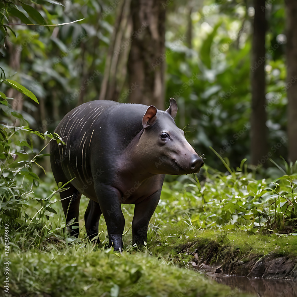 Fototapeta premium tapir on its habitat, sunset, mountain, river, wildlife photography, Rare Animal, extinct animals