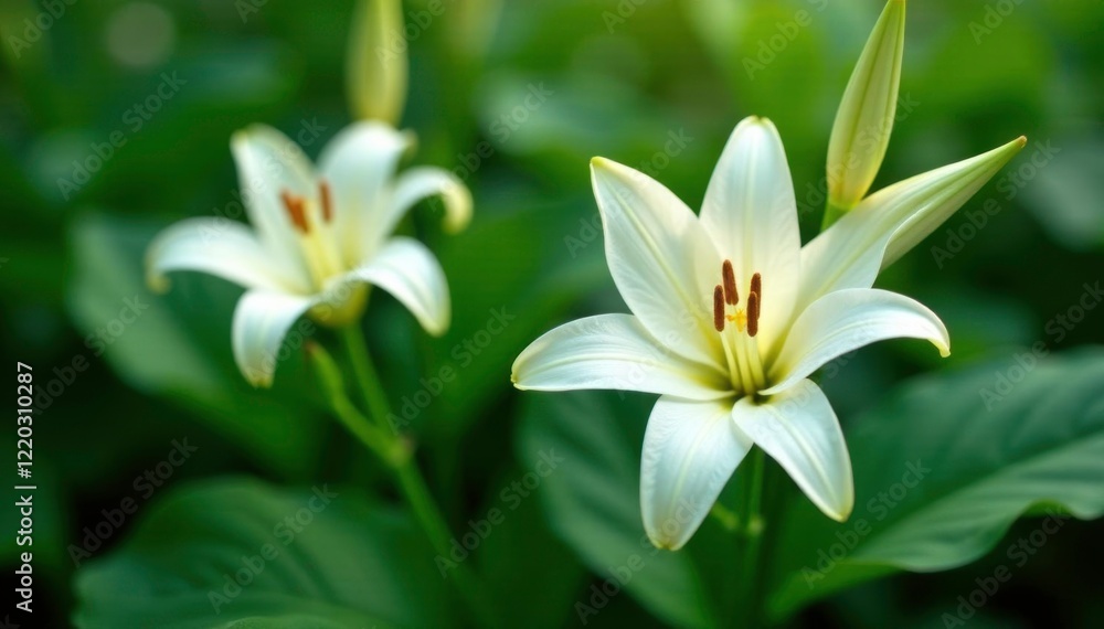 Fototapeta premium Delicate white lily petals unfold on lush green foliage, elegant, floral, calm