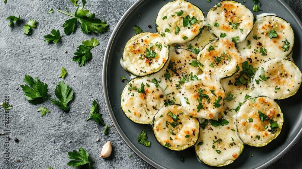 Baked zucchini with melted cheese, garlic slices, and fresh herbs served on a gray plate with scattered parsley leaves for garnish. Baked zucchini with melted cheese, garlic slices, and fresh herbs served on a gray plate with scattered parsley leaves for garnish.