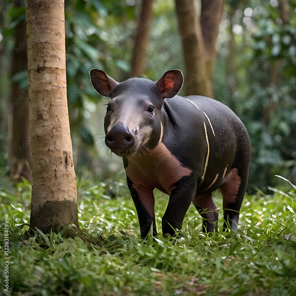 Fototapeta premium tapir on its habitat, sunset, mountain, river, wildlife photography, Rare Animal, extinct animals