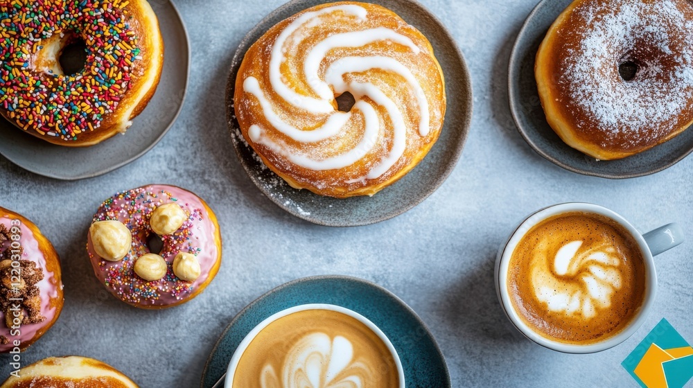 Fototapeta premium Cozy Bakery Table with Donuts and Coffee