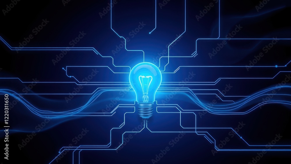 Fototapeta premium A glowing blue light bulb is surrounded by intricate circuit patterns, symbolizing innovation and technology.