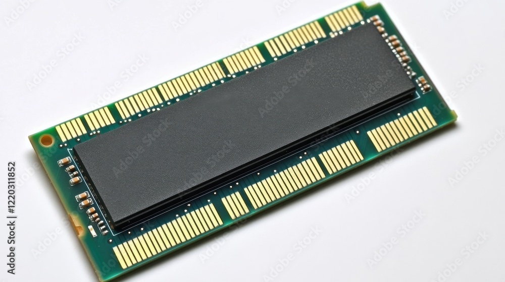 Close-up of a computer memory module showcasing its intricate design and technology Close-up of a computer memory module showcasing its intricate design and technology