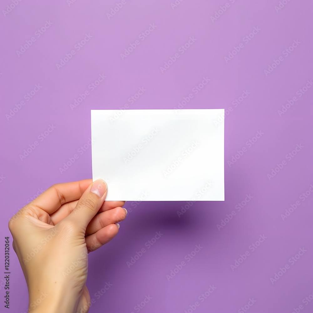 Fototapeta premium A hand holds a blank white card against a purple background. Perfect for your message or design mockup.