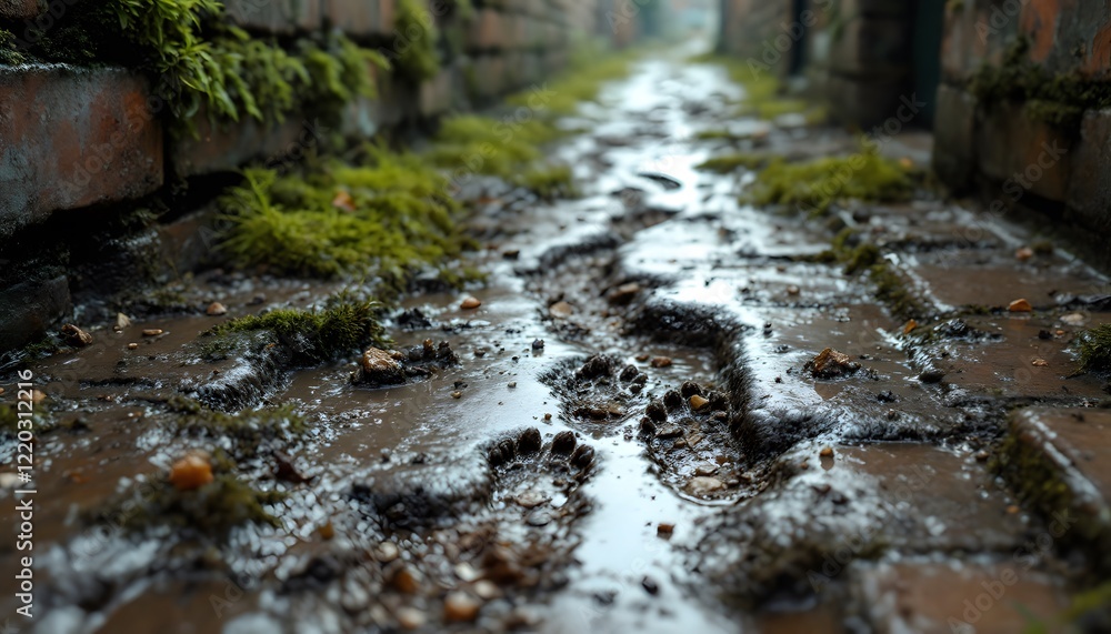 Fototapeta premium Rat tracks in wet alleyway - Signs of hidden life - Suitable for nature documentaries, urban exploration content, or environmental articles