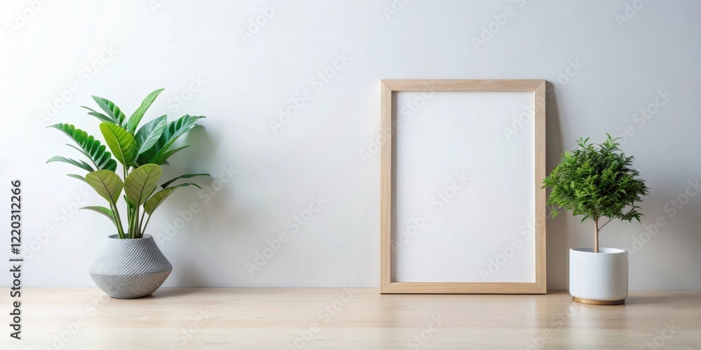 Simple Minimalist Home Decor with Blank Frame and Potted Plants Simple Minimalist Home Decor with Blank Frame and Potted Plants