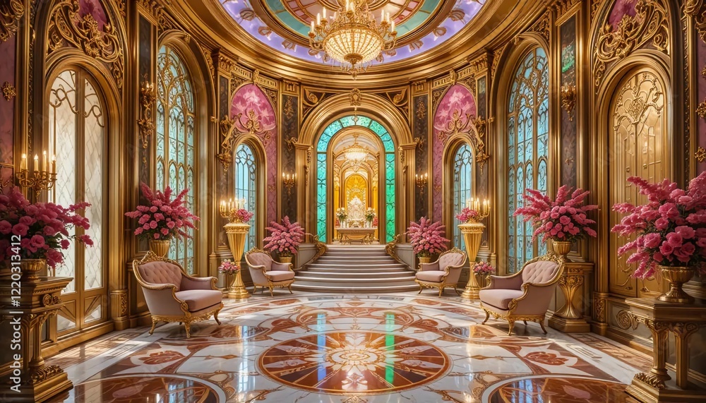 Obraz premium Futuristic stunning French mansion interior glamorous beautiful colorful dreamy impressive elegant intricate complex detailed magnificent gold blue pink green orange peridot lilac yellow magenta cyan 