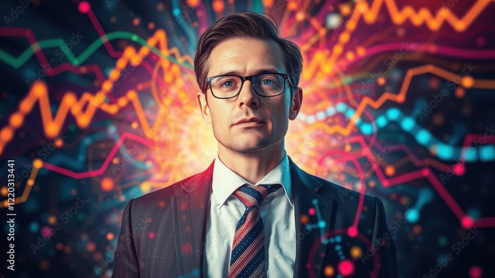 A focused businessman stands confidently against a backdrop of dynamic financial graphs and colorful data visualizations. A focused businessman stands confidently against a backdrop of dynamic financial graphs and colorful data visualizations.