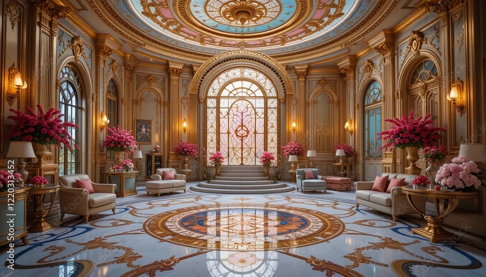 Obraz premium Futuristic stunning French mansion interior glamorous beautiful colorful dreamy impressive elegant intricate complex detailed magnificent gold blue pink green orange peridot lilac yellow magenta cyan 