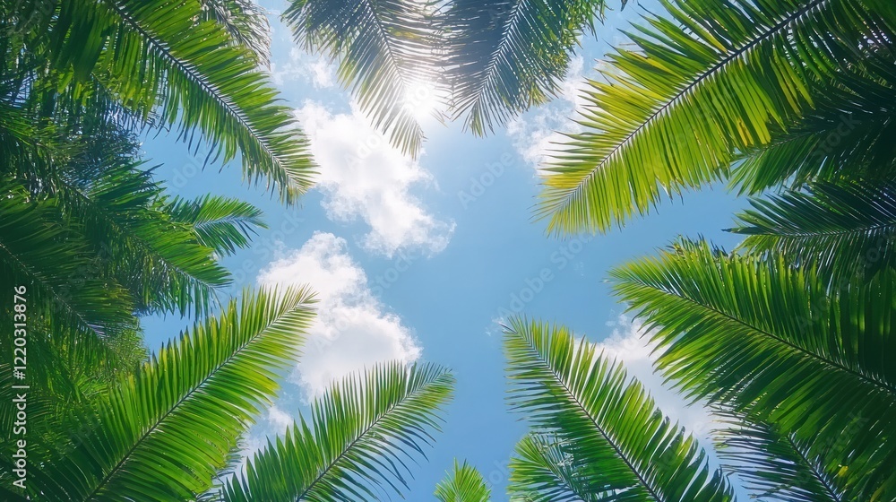 Fototapeta premium Low angle view of palm trees against a bright blue sky. (1)