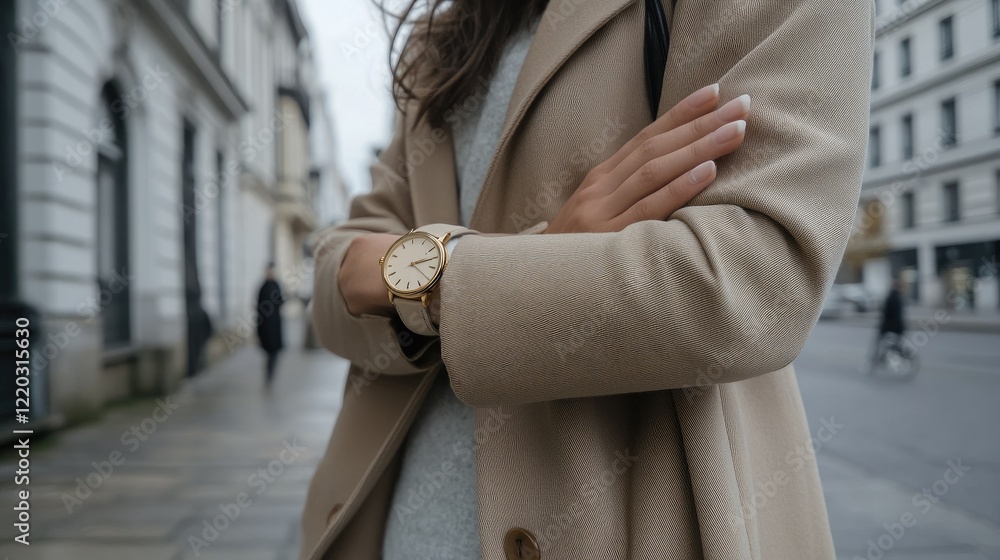 Fototapeta premium Stylish close-up of a golden hand watch on a woman's wrist, paired with chic street-style accessories in an urban European setting.