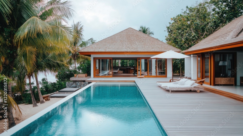 custom made wallpaper toronto digitalModern tropical villa with stunning swimming pool, sun loungers, and lush greenery by the sea