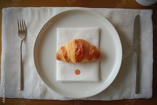 Minimalist Breakfast Setting with Croissant on White Plate and Cutlery on Linen Napkin