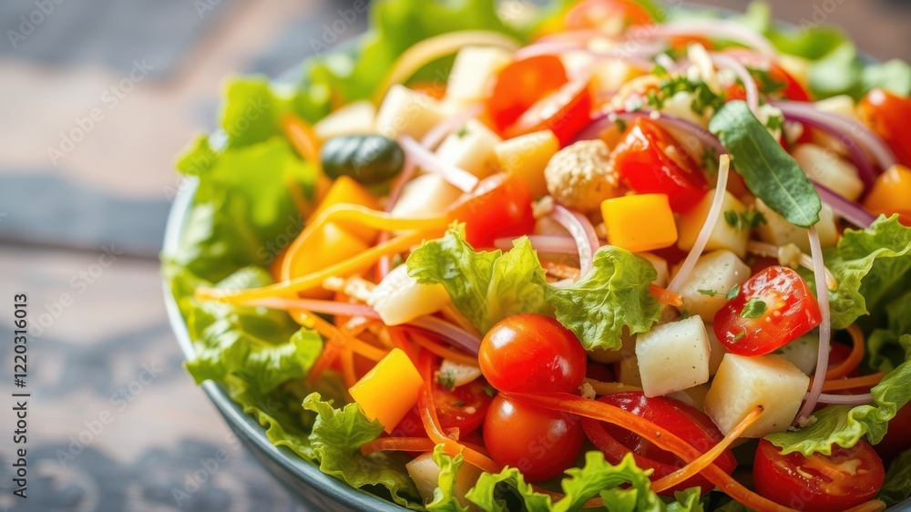 A vibrant salad filled with fresh vegetables, including lettuce, tomatoes, and peppers, arranged beautifully in a bowl. A vibrant salad filled with fresh vegetables, including lettuce, tomatoes, and peppers, arranged beautifully in a bowl.