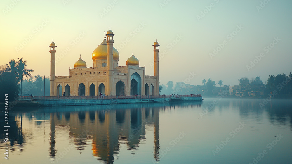 Fototapeta premium Majestic Mosque at Sunset Over Calm Lake