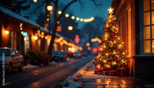 Wallpaper Mural A beautifully decorated Christmas tree glows on a snowy evening street filled with lights. Torontodigital.ca