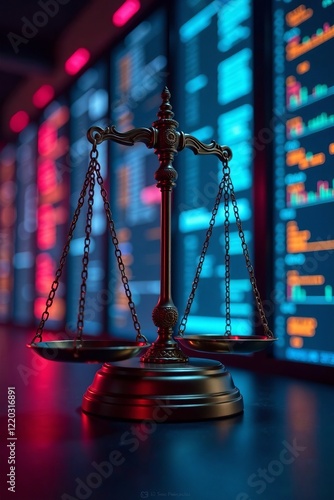 A close-up of a golden scale symbolizing justice in a modern digital environment.