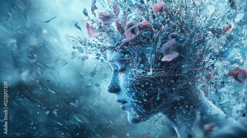 Futuristic digital illustration depicting the concept of artificial intelligence with neural networks and data flow, emphasizing technological innovation and brain activi photo