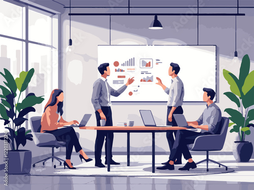 Collaborative Team Meeting in a Modern Workspace Vector Illustration