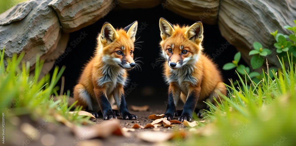 Fototapeta premium Two playful fox cubs sitting in front of a burrow surrounded by nature.