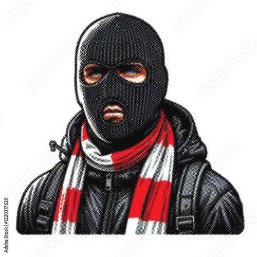 Ultras hooligan football supporters wearing balaclavas and black jackets, red and white football scarves on transparent background