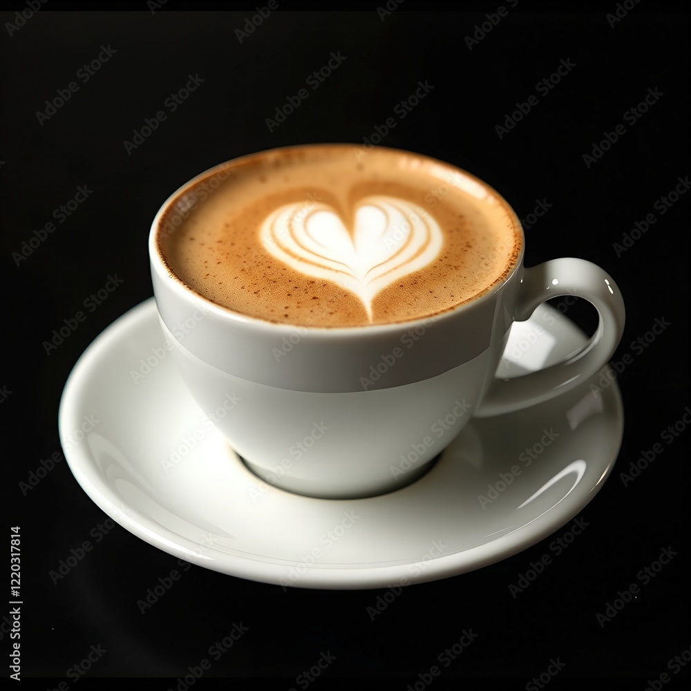 A perfectly crafted cappuccino, adorned with a delicate heart-shaped latte art design, sits on a pristine white saucer against a stark black background. A perfectly crafted cappuccino, adorned with a delicate heart-shaped latte art design, sits on a pristine white saucer against a stark black background.