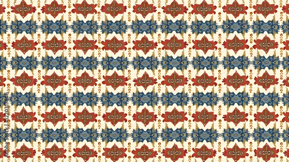 Fototapeta premium Paisley, Lotus, and Checkerboard Pattern Wallpaper Vibrant Orange and Indigo with Gold Accents on Cream