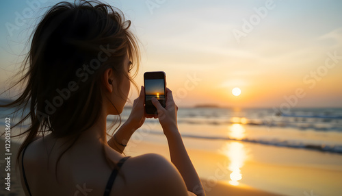 close shot over the shoulder, girl standing at the beaching looking at the sunset and taking pictures with her phone