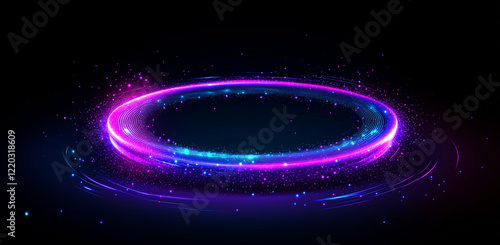 Neon swirl. Curve blue line light effect. Abstract ring background with glowing swirling background. Energy flow tunnel. Blue portal, platform. Magic circle vector. Luminous spiral. round frame with l photo