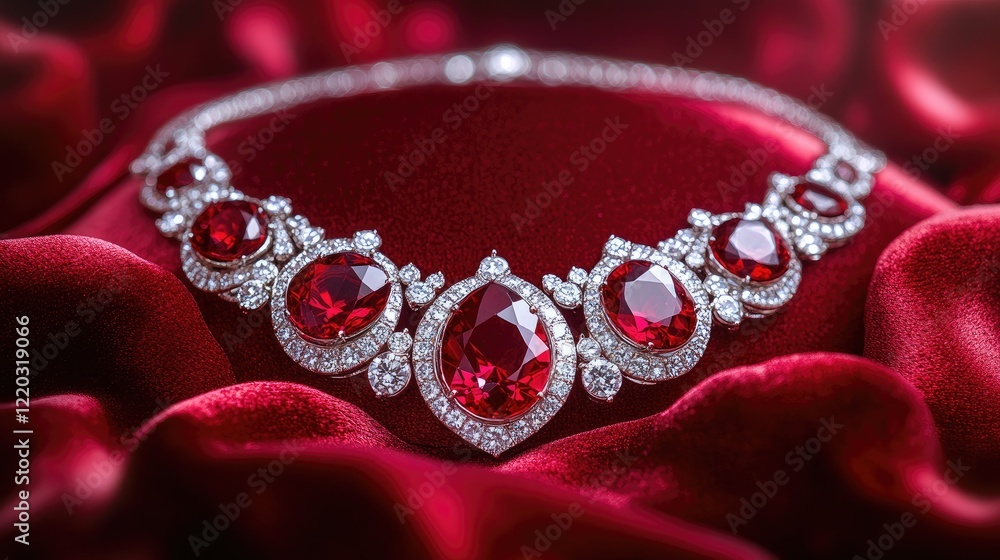 Elegant Ruby and Diamond Necklace on Luxurious Red Velvet Display Elegant Ruby and Diamond Necklace on Luxurious Red Velvet Display