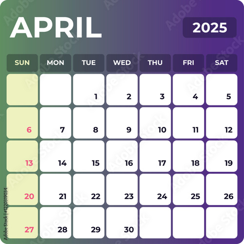 Monthly calendar for April 2025. The week begins on Sunday. Time, planning and schedule concept. Flat gradient design. Removable calendar for the month. Vector illustration