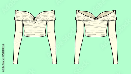 Women twisted ruched long sleeve Crop Top Causal flat sketch outline template.