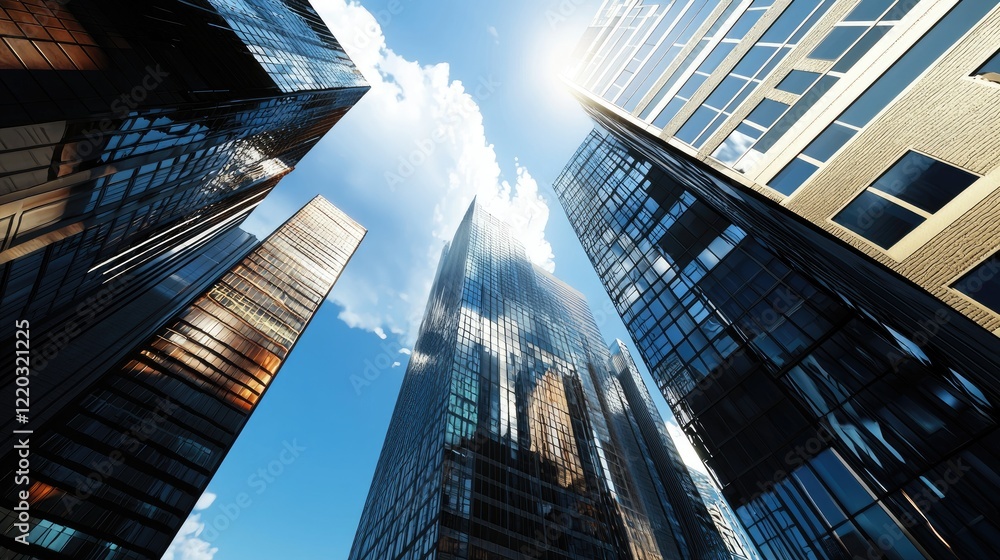 Naklejka premium Stunning view of modern skyscrapers reaching towards a bright blue sky, with sunlight reflecting elegantly off the glass surfaces, showcasing urban architecture and city