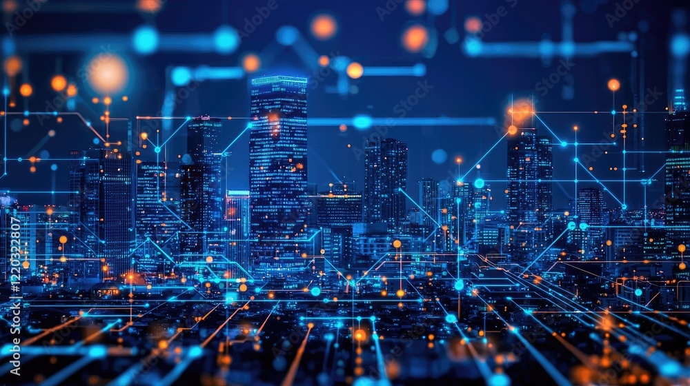 A stunning futuristic city skyline at night featuring vibrant blue lights and digital elements, creating a captivating urban atmosphere perfect for technology-themed proj A stunning futuristic city skyline at night featuring vibrant blue lights and digital elements, creating a captivating urban atmosphere perfect for technology-themed proj