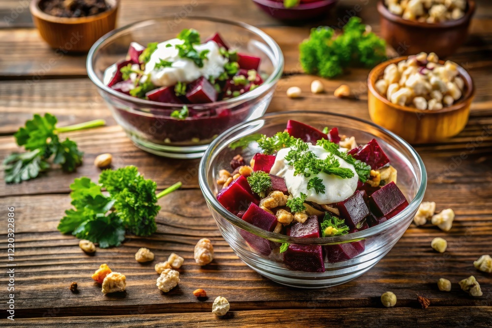 Vibrant beetroot salad with creamy yogurt, tangy feta, crunchy walnuts, and fresh parsley. Vibrant beetroot salad with creamy yogurt, tangy feta, crunchy walnuts, and fresh parsley.
