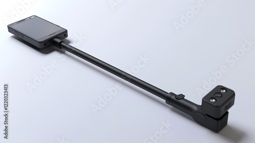 A compact Bluetooth selfie stick with an extendable arm, photographed on white. photo