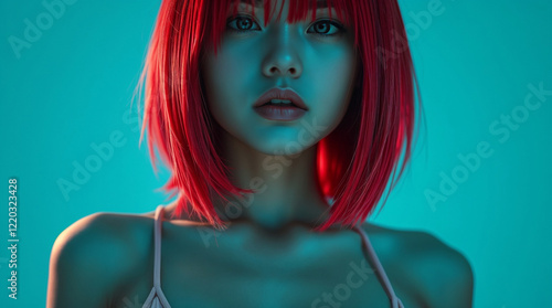 A surreal infrared close-up of a beautiful Asian woman with short red hair and a bikini on a solid light blue background. 